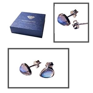 Medwise Genuine Rainbow Moonstone Sterling Silver Blue and Silver Stud Earrings